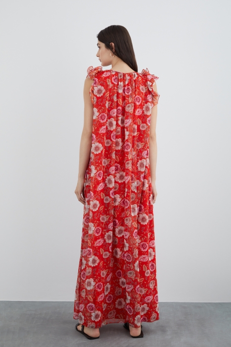 Gizia Red Chiffon Dress with Floral Pattern. 3