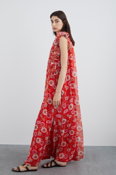 Gizia Red Chiffon Dress with Floral Pattern. 2