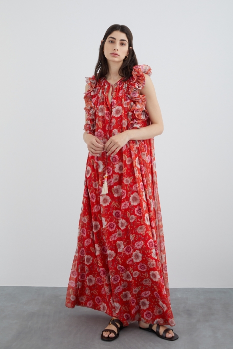 Gizia Red Chiffon Dress with Floral Pattern. 1