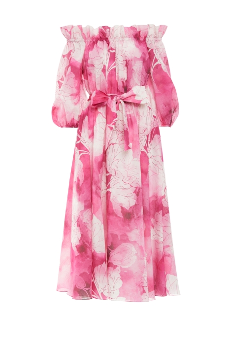 Gizia Pink Dress with Boat Neck Belt and Floral Pattern. 6