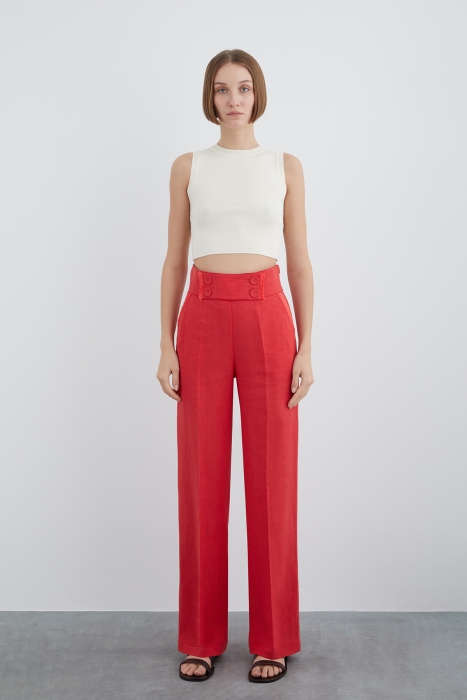 Gizia Linen Pants With Tassel Detail And Ornamental Button. 1