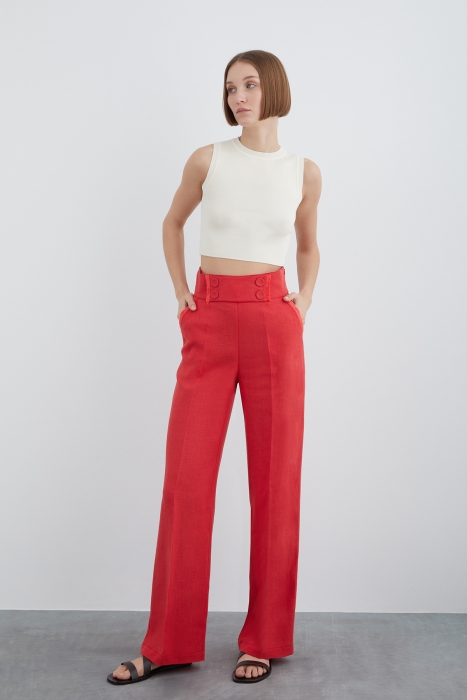 Gizia Linen Pants With Tassel Detail And Ornamental Button. 2