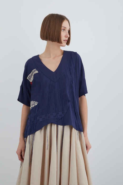 Gizia V-Neck Low Shoulder Embroidered Blouse. 1