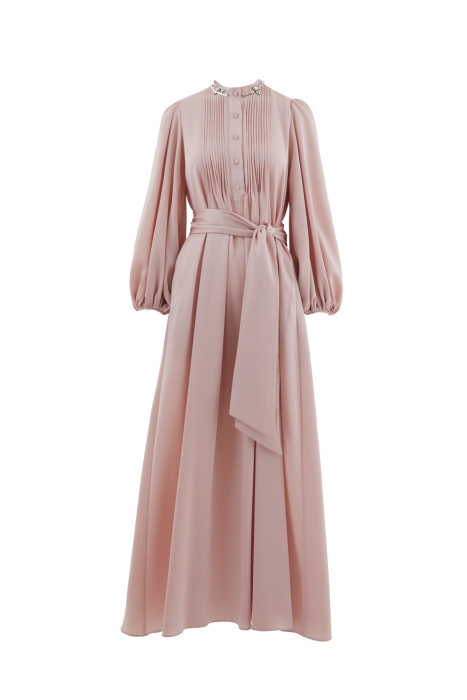Gizia Pink Long Dress With Embroidered Collar Belt. 1