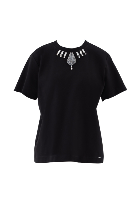 Gizia Black Tshirt with Embroidered Collar. 1