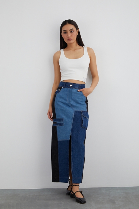 Front Slit Detail Multi-Piece Denim Skirt - Gizia