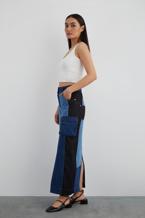 Front Slit Detail Multi-Piece Denim Skirt - Gizia