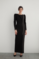 Black Long Evening Dress with Ruched Cuffs and Embroidery Detail Gizia
