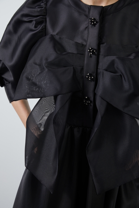 Midi-Length Black Dress with Ribbon Detail - Gizia