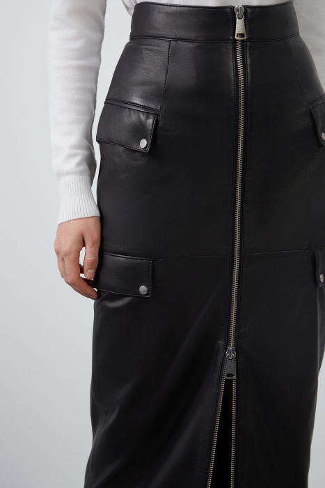 Pocket Detail Front Zipper Black Leather Skirt - Gizia