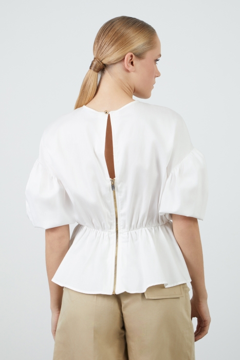 Poplin Ecru Blouse with Puff Sleeve Detail and Cinched Waist
