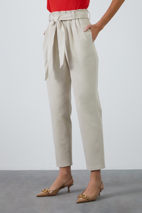Beige High-Waisted Carrot Pants with Belt Tie - Gizia
