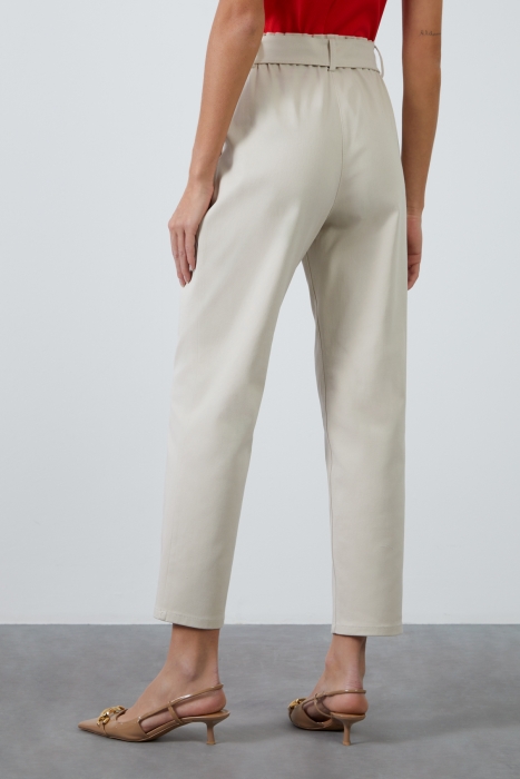 Beige High-Waisted Carrot Pants with Belt Tie - Gizia