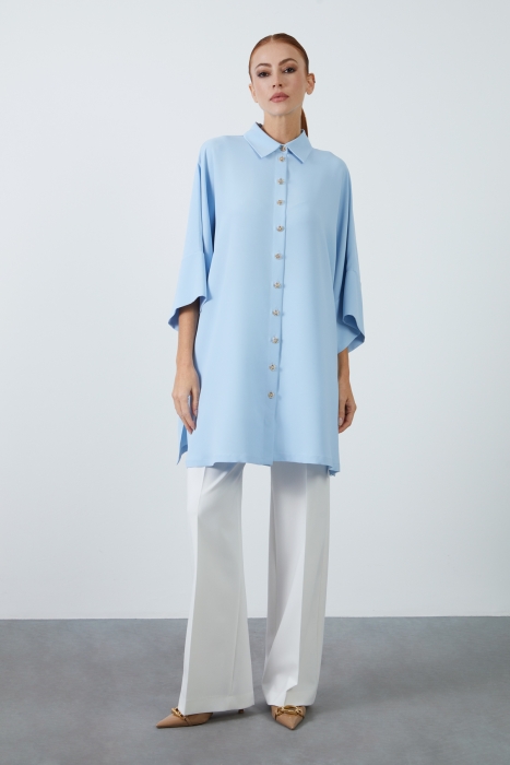 Blue Dress with Double Collar and Metal Buttons with Side Slits
