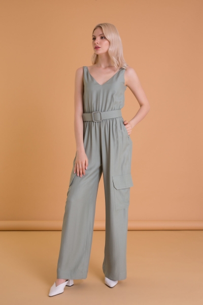 Gizia Moldy Green Overalls with Wide Leg Cargo Pocket. 3