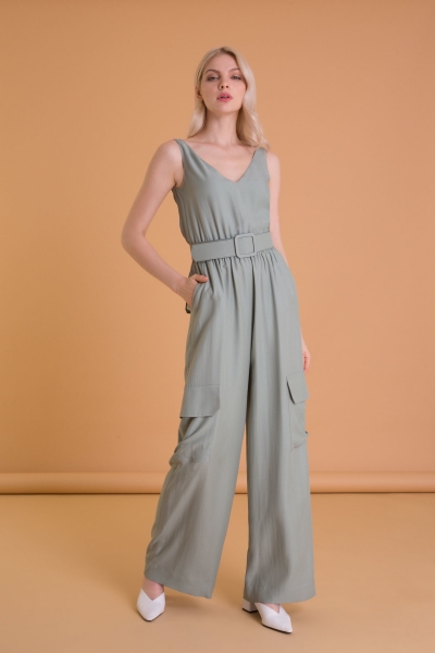 Gizia Moldy Green Overalls with Wide Leg Cargo Pocket. 2