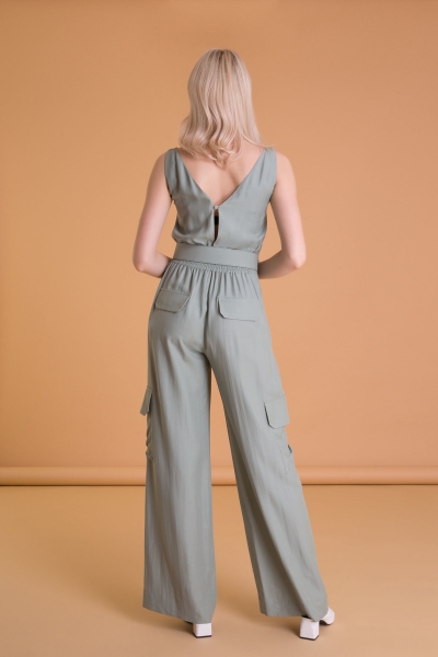 Gizia Moldy Green Overalls with Wide Leg Cargo Pocket. 1