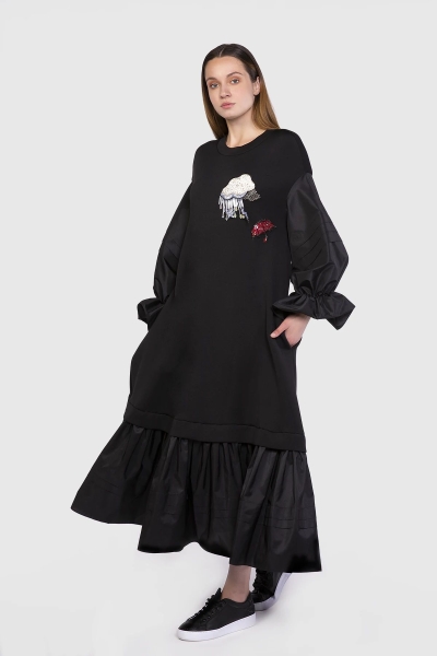 Gizia Embroidered And Balloon Sleeve Detailed Sweatshirt Black Dress. 1