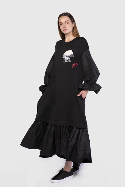 Gizia Embroidered And Balloon Sleeve Detailed Sweatshirt Black Dress. 1 Gizia Embroidered And Balloon Sleeve Detailed Sweatshirt Black Dress. 1