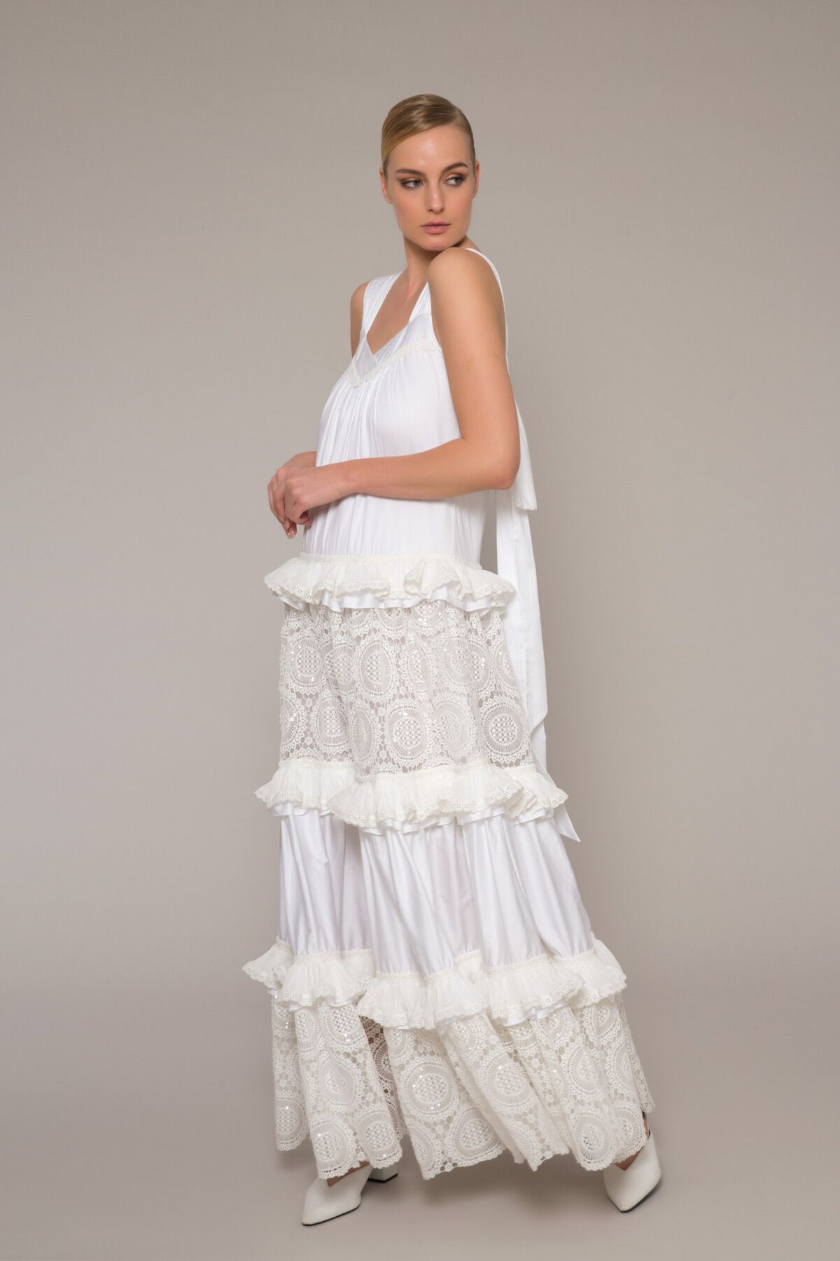 Long Lace Frilly White Dress With Thick Straps | Gizia
