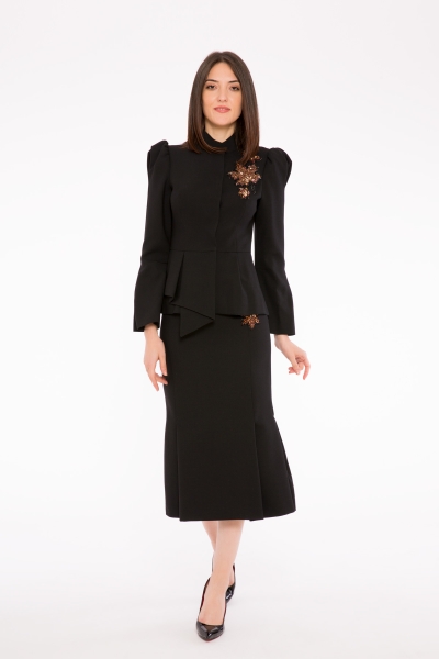 Gizia Applique Detailed High Waist Side Pleated Midi Black Skirt. 1