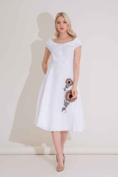Gizia Applique Floral Embroidery Calf Length Ecru Dress. 1