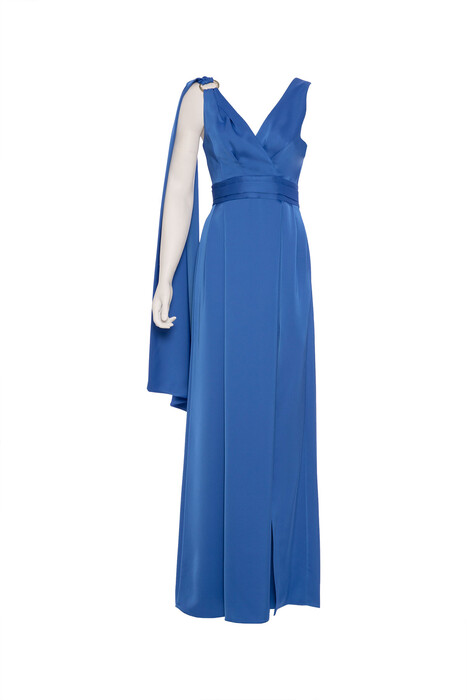 Gizia Asymmetric Stone Buckle Detailed Long Satin Blue Dress. 1