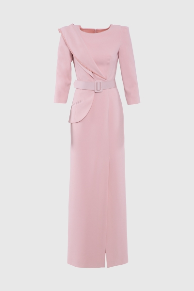 Gizia Asymmetrical Collar Detailed Belted Long Powder Dress. 1