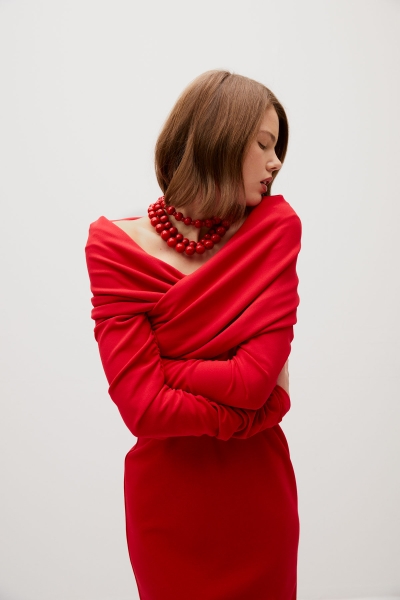 Gizia Asymmetrical Collar Detailed Slim Fit Red Dress. 2