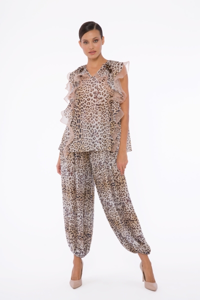 Gizia Beige Embroidered, Organza Flounce Detail, Leopard Pattern Beige Chiffon Blouse. 1