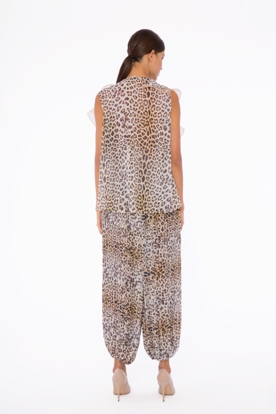 Gizia Beige Embroidered, Organza Flounce Detail, Leopard Pattern Beige Chiffon Blouse. 3