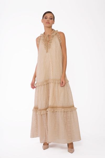 Gizia Beige Tulle Dress With Ribbon And Ruffle Detail Tie Collar. 3