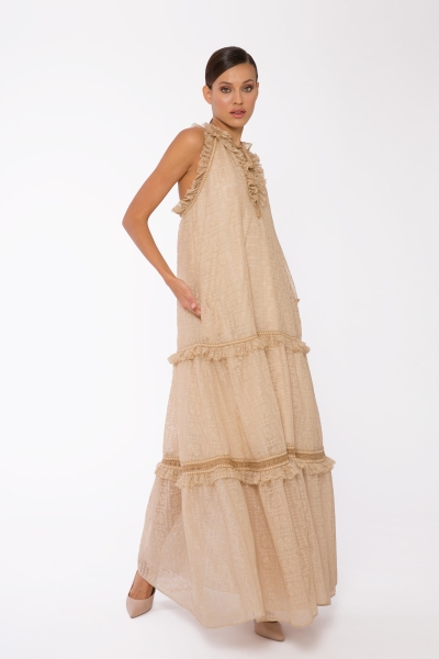 Gizia Beige Tulle Dress With Ribbon And Ruffle Detail Tie Collar. 2