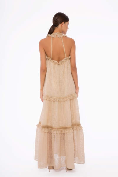 Gizia Beige Tulle Dress With Ribbon And Ruffle Detail Tie Collar. 1