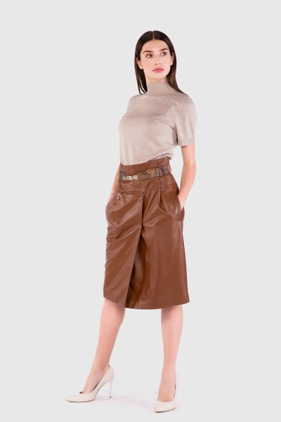Gizia Belt Detailed Midi Length Leather Tan Skirt. 1