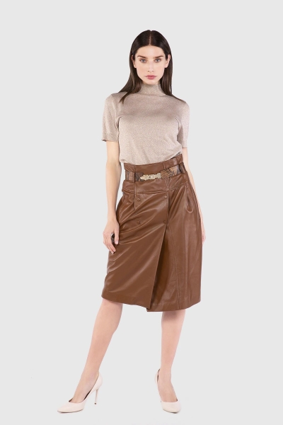 Gizia Belt Detailed Midi Length Leather Tan Skirt. 2