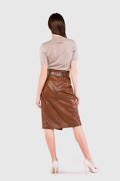 Gizia Belt Detailed Midi Length Leather Tan Skirt. 3