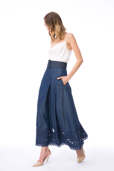 Gizia Belted High Waist Embroidered Long Blue Skirt. 2