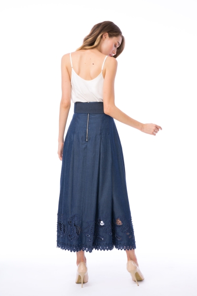 Gizia Belted High Waist Embroidered Long Blue Skirt. 3