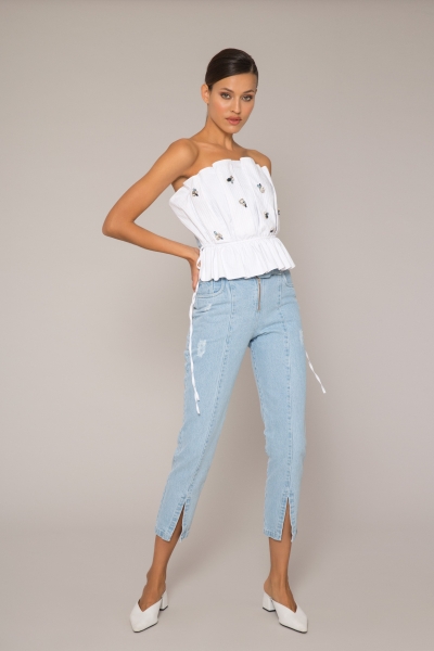 Gizia Belted Slit Detailed Blue Jean Trousers. 2