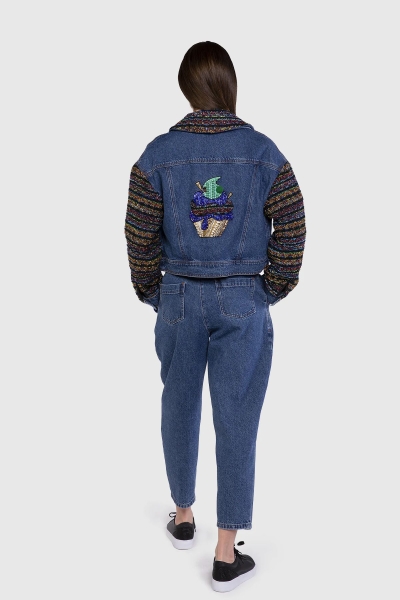 Gizia With Garni Fabric on the Sleeves and Collar Blue Jean Jacket. 3 Gizia With Garni Fabric on the Sleeves and Collar Blue Jean Jacket. 3