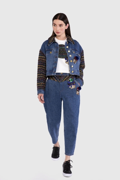 Gizia With Garni Fabric on the Sleeves and Collar Blue Jean Jacket. 1 Gizia With Garni Fabric on the Sleeves and Collar Blue Jean Jacket. 1