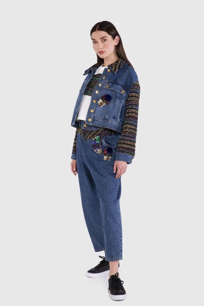 Gizia With Garni Fabric on the Sleeves and Collar Blue Jean Jacket. 2 Gizia With Garni Fabric on the Sleeves and Collar Blue Jean Jacket. 2