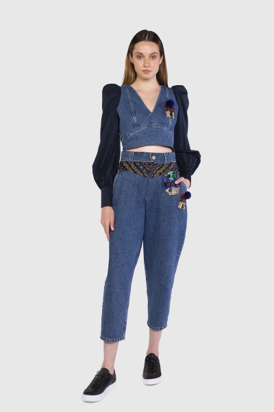 Gizia Blue Poplin Fabric Detailed Jean Crop Top. 1