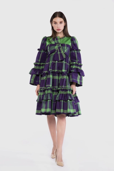Gizia Bow Cut Frill Mini Plaid Green Dress. 1