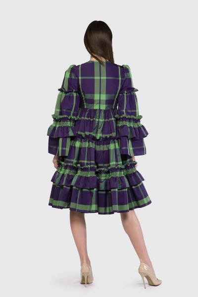 Gizia Bow Cut Frill Mini Plaid Green Dress. 3