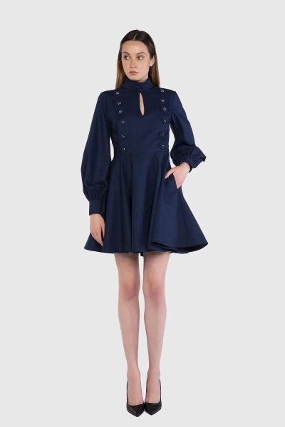 Gizia Button And Balloon Sleeve Detailed Navy Blue Dress. 3