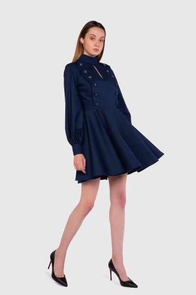 Gizia Button And Balloon Sleeve Detailed Navy Blue Dress. 2
