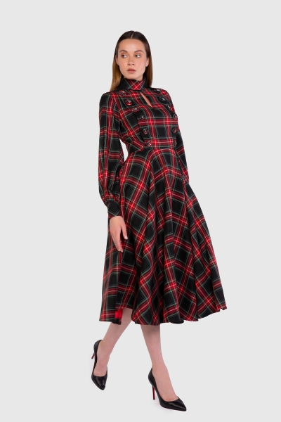 Gizia Button Detailed Ankle Length Plaid Red Dress. 1
