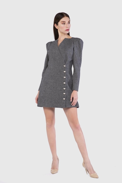 Gizia Buttoned Pleated Shoulder Detailed Gray Dress. 1